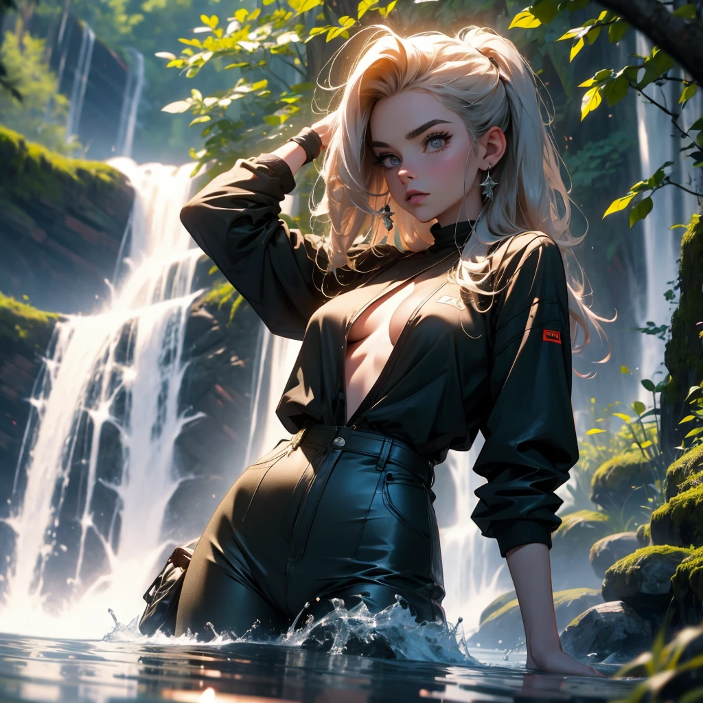 (safe for work, tease not sleaze) (best quality,4k,8k,highres,masterpiece:1.2),ultra-detailed,(realistic,photorealistic,photo-realistic:1.37), Kate Mara is a forest nymph, she is washing herself at a waterfall. sultry, seductive, brave and revealed, viewed head on, she knows she is being watched and enjoys it