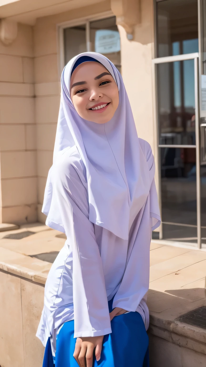 1 hijab girl, big breasts 1:2 , very cute baby face, (white dress), ((wearing hijab)), ((blue skirt)), long sleeve, looking at camera, very sexy girl, elegant, soft cloth, satin fabric, very beautiful girl, smile, full body, teenager, very beauty face, cassino background