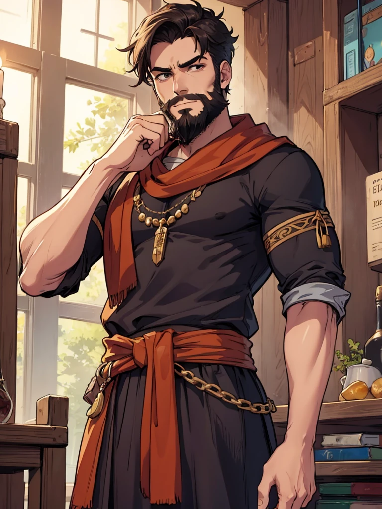 The God of Trade, smirk, coins, beard, short hair, rings, merchant clothes