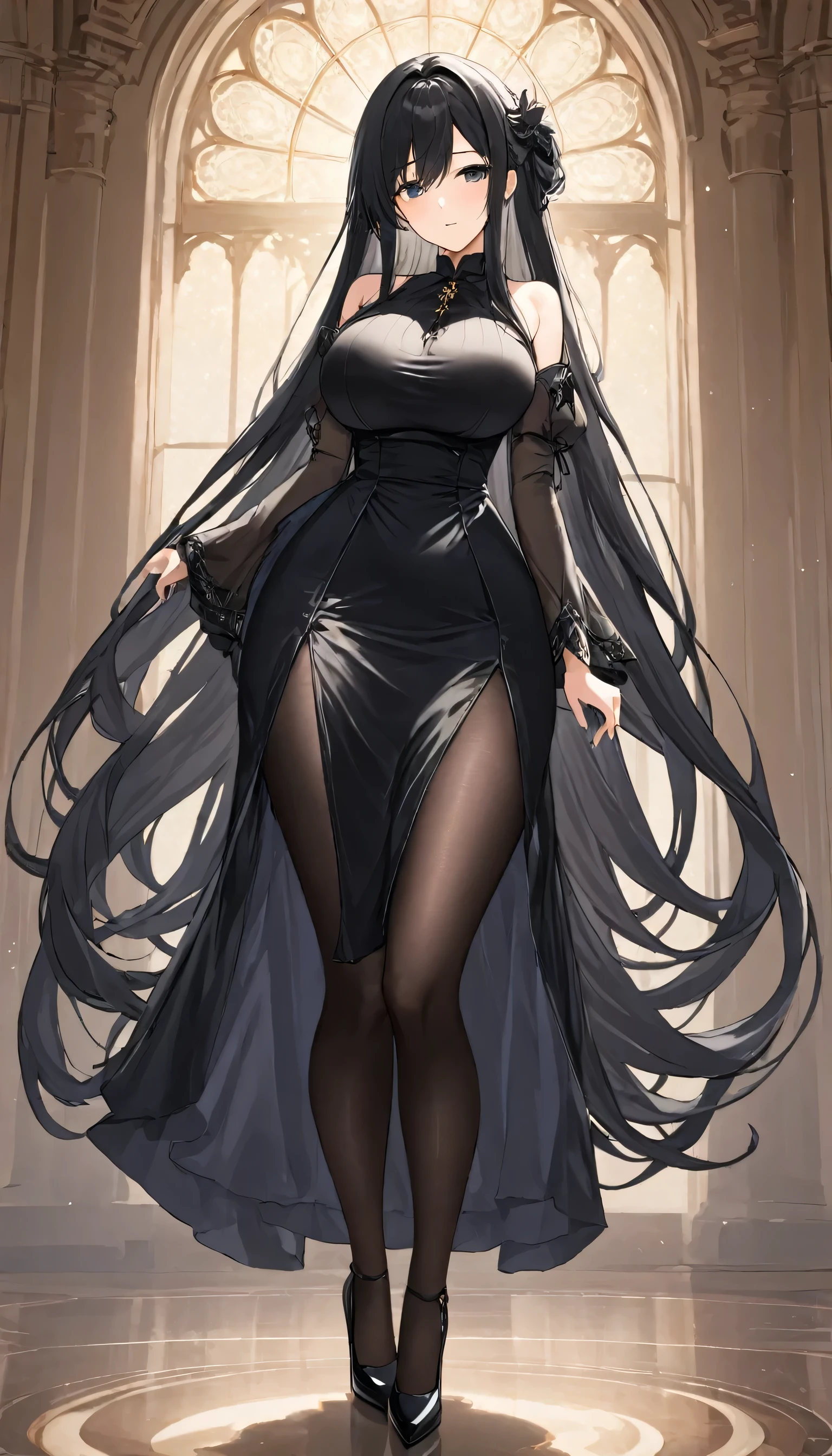 masterpiece,high quality,1girl,solo,long hair,breasts,looking at viewer,large breasts,black hair,dress,holding,bare shoulders,very long hair,full body,pantyhose,detached sleeves,black footwear,black dress,high heels,black pantyhose,bodystocking,eye_contact,