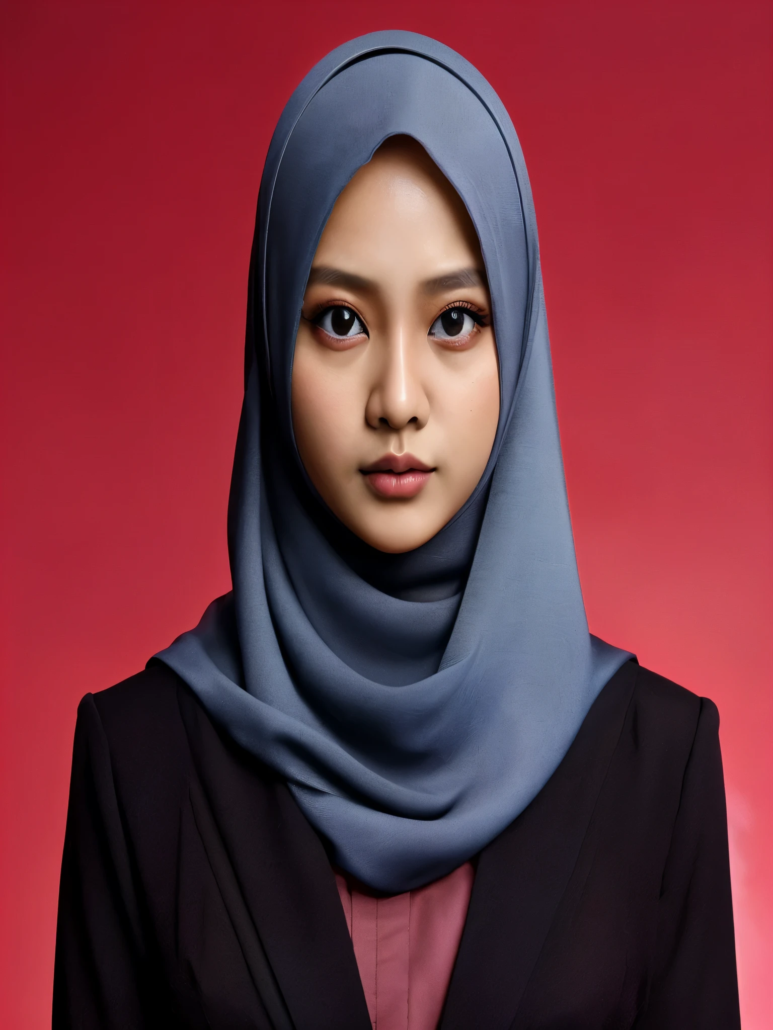 seorang wanita indonesia berusia 22 tahun memakai hijab rapi menghadap kedepan tegap lurus memakai baju jas berwarna hitam,latar belakang warna merah.foto asli.detail.rumit. foto formal sangat realistis