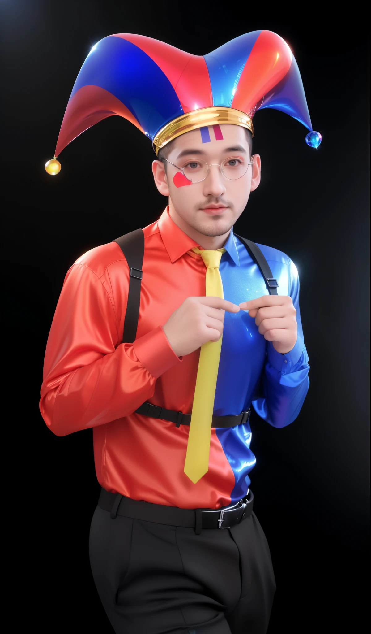 man in a jester hat and suspenders poses for a picture, man in a jester costume, portrait of circus artist, male jester, attractive magician man, capitalist clown, colored photo, communist clown portrait, glossy texture, smooth 3d model, multiple light sources, rim light, sharp post effects render, (glossy plastic texture with multiple big light probe refractions), perfect cgi, smooth silhouette, high intensity refraction, (super glossy material), most beautiful vfx, blue background, plastic refractions, realistic, 4k, high resolution, rim light, photo shoot, commercial photo, profile shot, 4k, rim light, high resolution, 4k, glossy texture, smooth 3d model, multiple light sources, rim light, sharp post effects render, (glossy metallic texture with multiple big light probe refractions), perfect cgi, cgi art created only with gradients, smooth silhouette, high intensity refraction, (super glossy chrome material), most beautiful vfx, blue background, chrome metal refractions, multiple light sources, rim light, sharp post effects render, perfect cgi, digital art, detailed digital art, reflective, best quality, 4k, masterpiece:1.2, ultra-detailed, realistic, vivid colors, dark and moody lighting, The image of the highest quality, ensuring every detail showcased perfectly. It in 4k resolution, allowing viewers to immerse themselves in the richness of the colors and intricate details. The realistic rendering. under the spotlight, reflecting, high-resolution image, realistic rendering, dark background, and rim light photorealistic