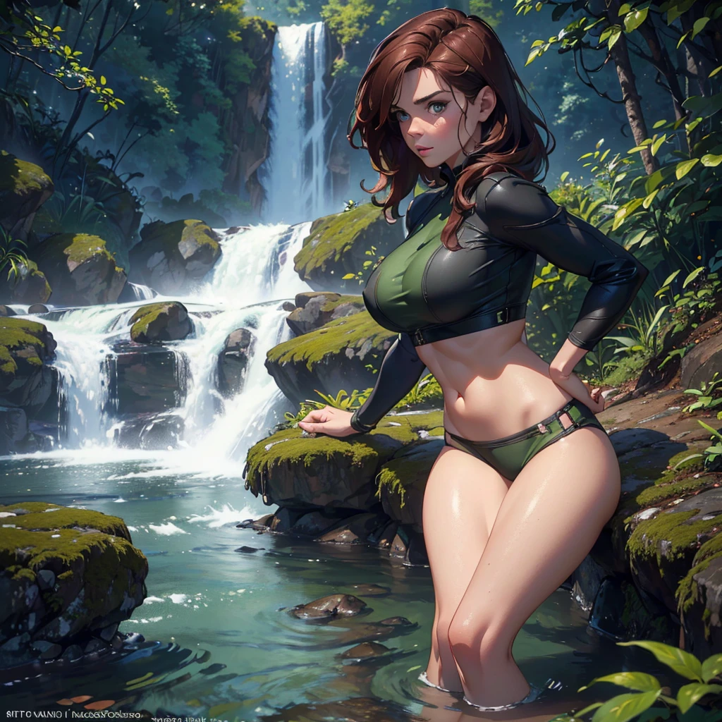 (safe for work, tease not sleaze) (best quality,4k,8k,highres,masterpiece:1.2),ultra-detailed,(realistic,photorealistic,photo-realistic:1.37), Kate Mara is a forest nymph, she is washing herself at a waterfall. sultry, seductive, brave and revealed, viewed head on, she knows she is being watched and enjoys it