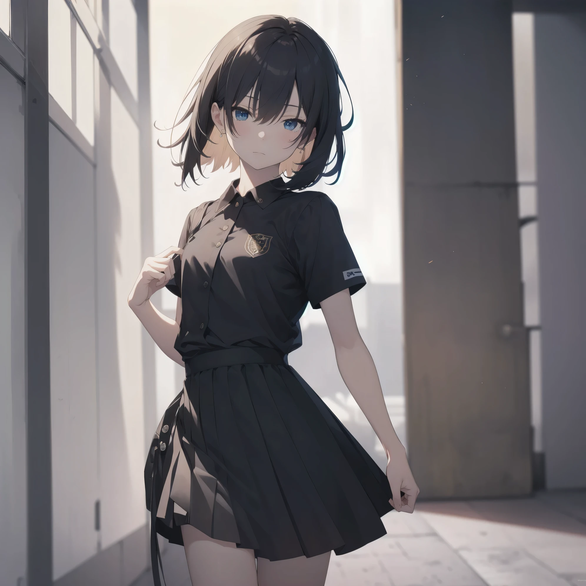 Super high quality by the art god, Ultra-detailed, anime moe art style,Best Anime 8K Konachan Wallpapers,Pixiv Contest Winner,Perfect Anatomy, BREAK,(Draw a girl sleepily walking to school. ),BREAK, 1girl in, (Solo,Lori,child,13years:1.3),a junior high school student, Androgynous attraction, (Very short hair), hair messy, voluminous, Full limbs, complete fingers, flat chest, Small butt, groin, Small eyes,Beautiful detailed black eyes, Well-proportioned iris and pupils, disgusted eye, School uniform, Skirt, On the way to school. BREAK,High resolution,super detailed skin, The best lighting by professional artists, 8K, Illustration,