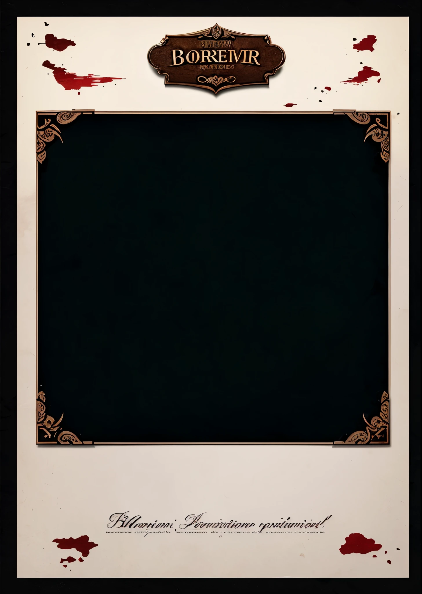 Border for card illustration，card decoration。Suspense style，Detective style，Old fashion，Parchment file texture，Blood stains texture，Card UI Design，HD，4K。