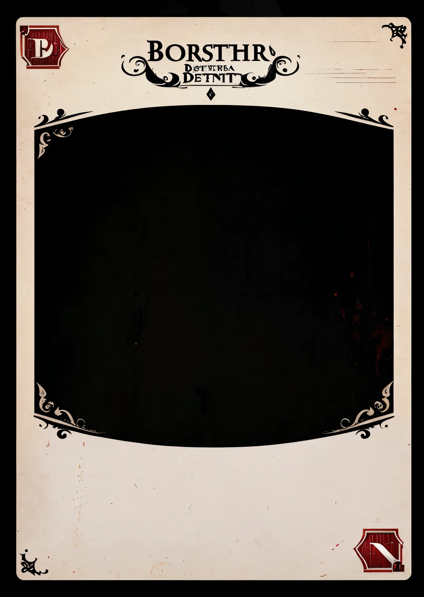 Border for card illustration,card decoration。Suspense style,Detective style,Old fashion,Parchment file texture,Blood stains texture,Card UI Design,HD,4K。