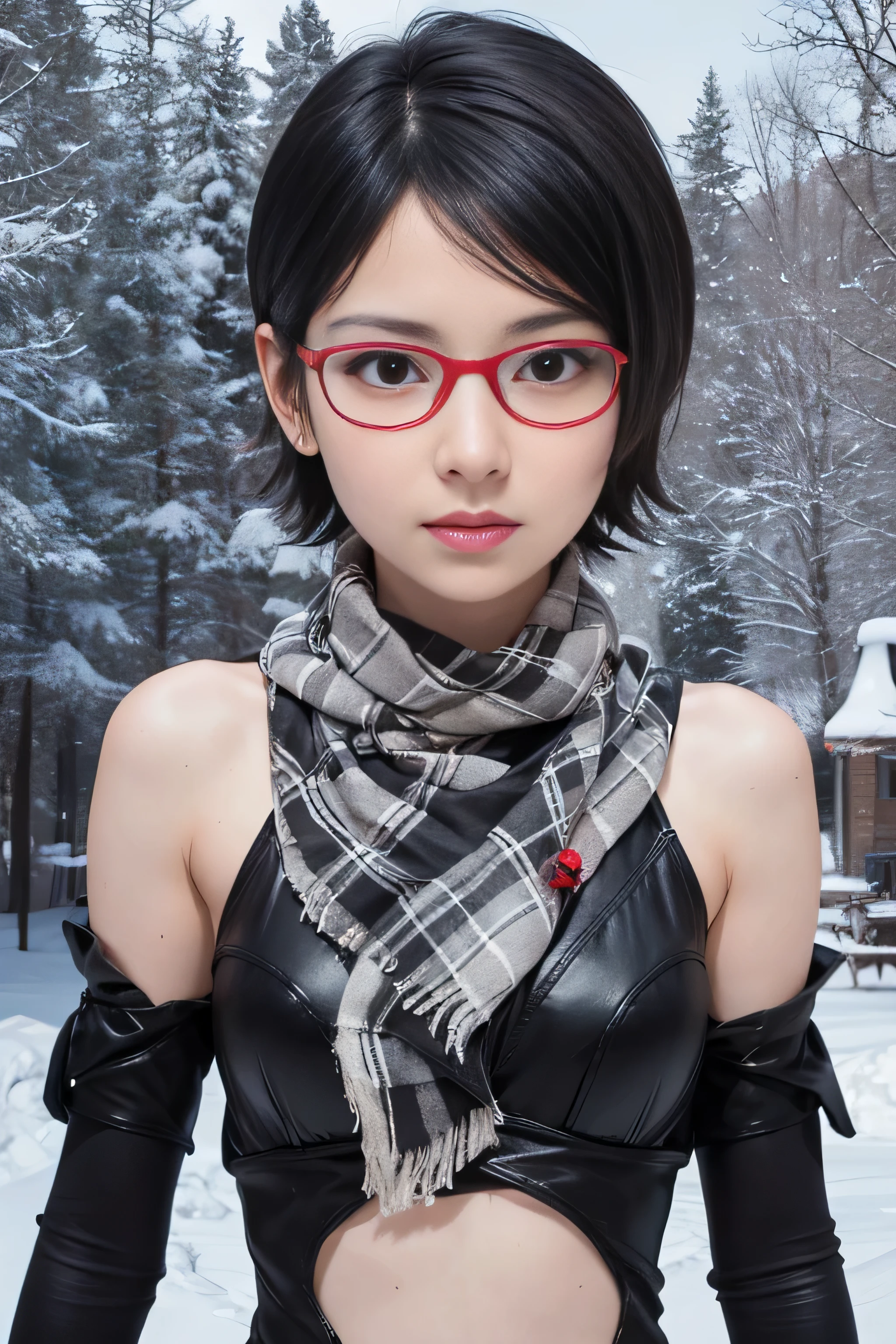 masterpiece, best quality, (realistic,photo-realistic:1.4), (RAW photo:1.2), extremely detailed CG unity 8k wallpaper, delicate and beautiful, amazing,finely detail, official art, absurdres, incredibly absurdres, huge filesize, ultra-detailed,extremely detailed eyes and face,light on face,sarada,(little smile),(black hair:1.4),(very short hair:1.6),(wearing black dress:1.5),window,(wearing red framed glasses:1.4),(small breast:1.3),(wearing checked scarf:1.3)