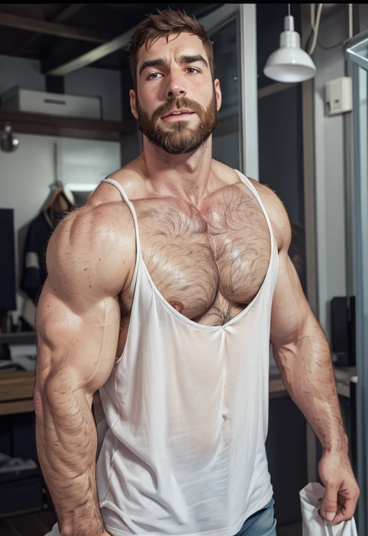 arafed man with a beard and a white tank top, hairy chest and hairy body, hairy chest, very hairy bodies, hairy bodies, hairy shoulders, thick furry neck and chest fluff, furry chest, sparse chest hair, chest hair, full human hairy body, hairy body, bare hairy chest, fluffy chest, hairy torso, very hairy