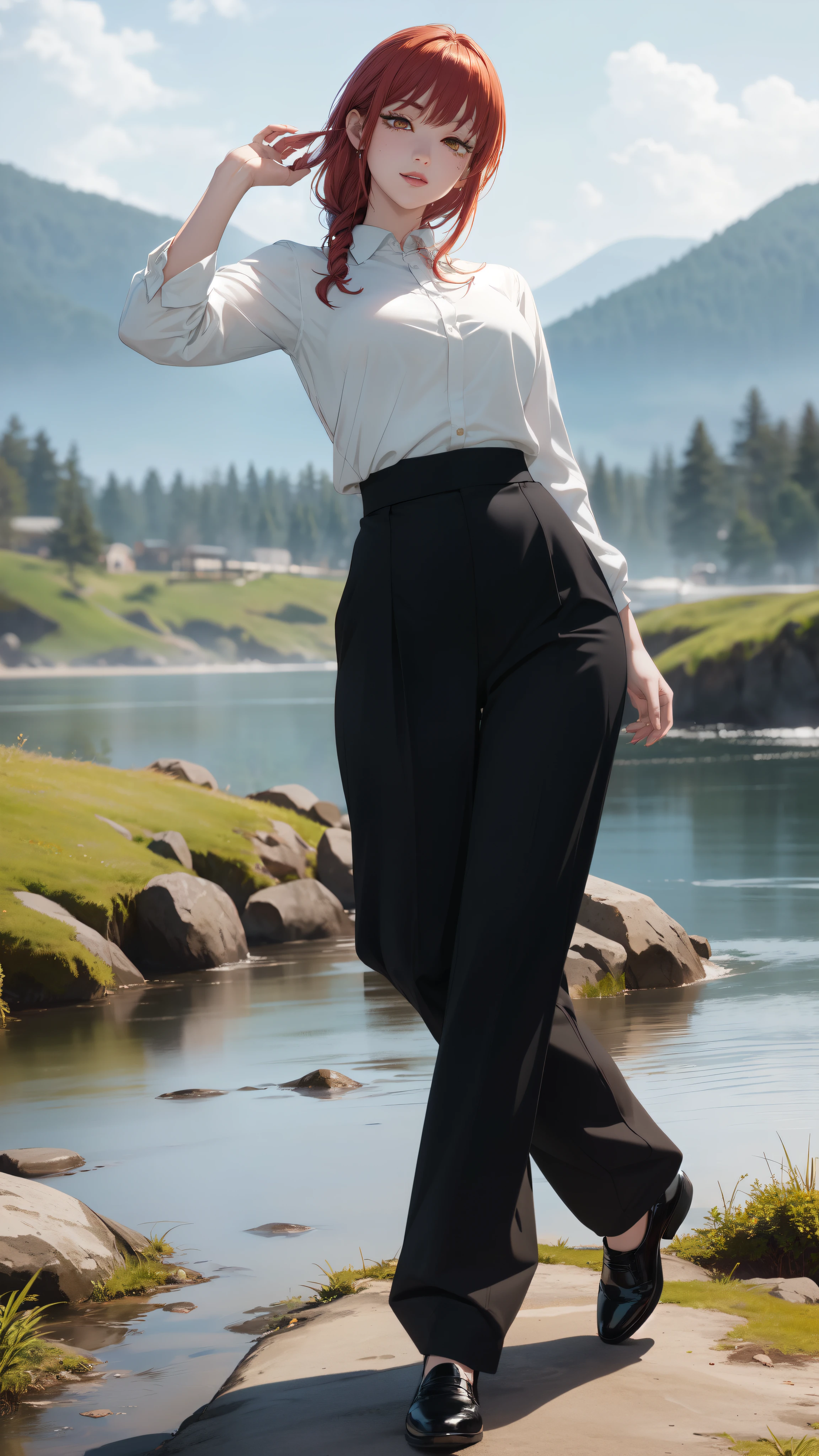 ((masterpiece, Best Quality, high resolution, Perfect Pixel, 8K))), 1 girl、medium thighs、full body seen、 ((Red gorgeous hairs))、(( Beautiful eyelashes、Realistic eyes))、 ((Detailed face, Blushing:1.2))、((Smooth texture:0.75, Realistic texture:0.65, Photorealistic:1.1, Anime CG style))、Dynamic Angle、(Wearing White shirt、Black formal pant、Black tie、Standing on a rock、Looking somewhere for poses、river stream、beautiful mountains、Beautiful lightening、perfect posing、wind breeze、hands on her hairs waving、wavy hairs、walking forward)、Perfect realistic representation of face、seducing look at viewer、medium breasts、beautiful portrait、very High quality、slim figure、ultra high definition、 insanely detailed face、ultra high quality、ultra high clarity、best quality)、insanely detailed dress、realistic representation of a face、beautiful curvious body、Black formal shoes、white skin、best image quality、best clarity、 highest resolution、8k resolution、ultra high resolution、beautiful smile、beautiful eyelashes、Gorgeous face、gorgeous representation of a face、perfect body、erotic face、dynamic lightning、shiny skin、bokeh:1.2、Full body shot、professional photograph