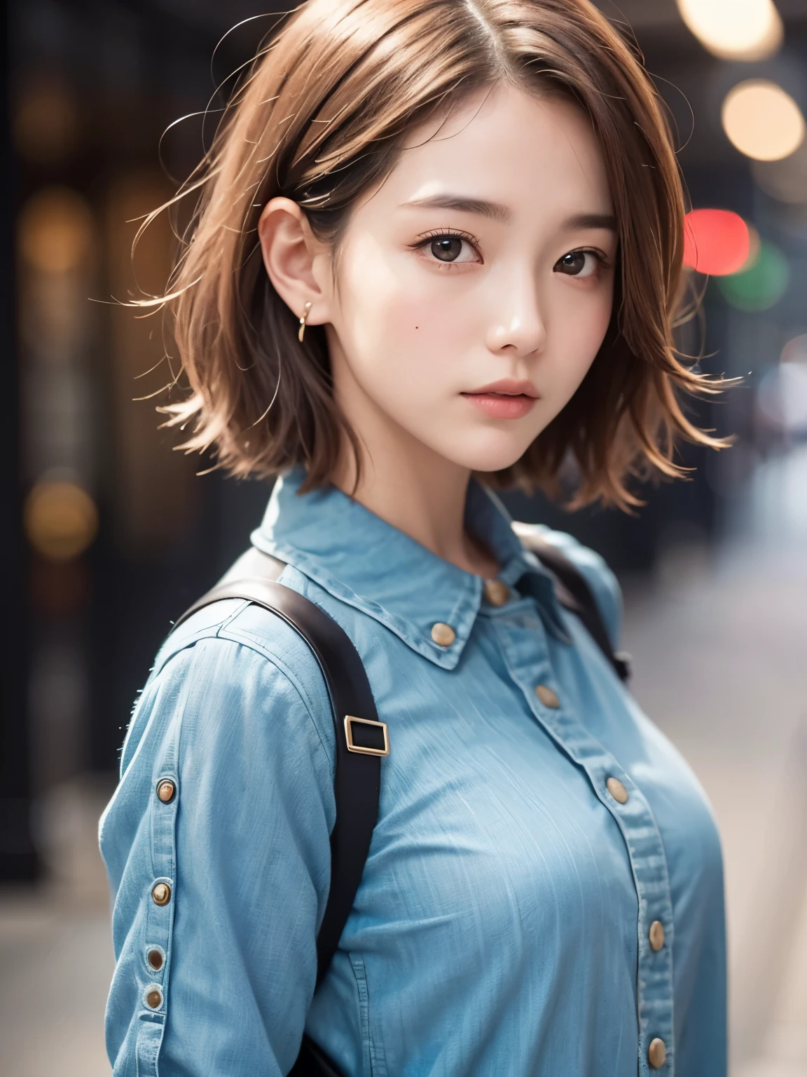 Japanese women、18-year-old, very cute, beautiful, (embarrassed:1.3), blush、Detailed workmanship、high resolution、(8K, High resolution), photorealistic、High definition face、Face is in focus, Moist eyes、(Focused, symmetrical pupils:1.2)、High-definition and beautiful skin、Firm Skin、Natural Makeup、gross lip, High-definition hair texture, (looking at viewer:1.2), cowboy shot, (short hair, messy hair:1.3), (multiple angles:1.2), shirt