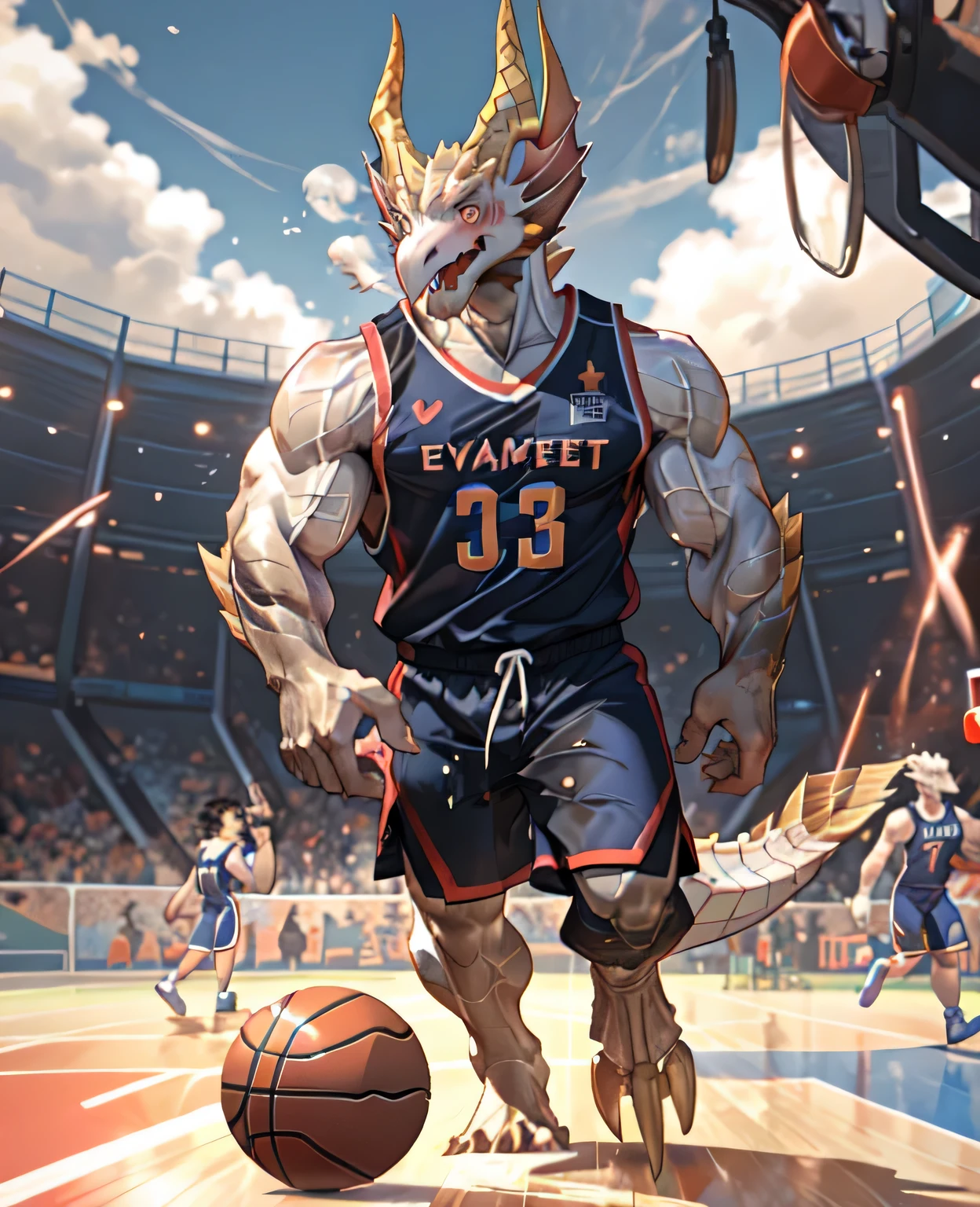 (dragon), Two-color, dragon&#39;s eyes, (muscular body:1.3), perfect eyes, Handsome, OK,(white basketball jersey), (on the playground),(Express), sports field background,(close up),(Happy eyes:1.2),look at screen,(dragon horn),(dragon tail),different students,Perfect masterpiece,(16K),White belly,Solitary,((Strong)),(sports field background),(Sweat),Perfect proportion,front,blush,(wave hello，Watching you:1.5),(Basketball in hand:1.3),(Open your mouth slightly and breathe.:1.2),(close range:1.2),(clothes soaked with Sweat:1,3),Strong,muscle,more details,CG,HD，detailed，Clear，high resolution