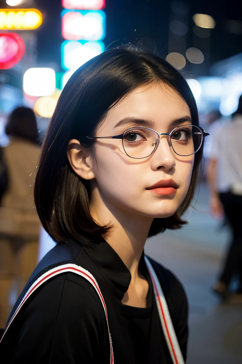 she is , thin, and nicely proportioned, described as rather beautiful. She has a small face with sharp canines and white skin. Her eyes are large with their corners angled upwards, with a beauty mark underneath one eye. Her hair is short and fine, black in color, and just reaches her shoulders. glasses, dusk, asian, street food , sit