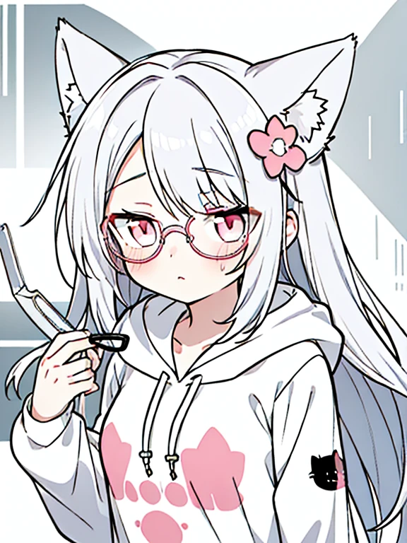 best quality, masterpiece, 1 girl, li, upper body, female, pink eyes, long hair, small breasts, glasses, hime cut, expressionless, wink , cat ears, white hair, silver hair, streaked hair，hoodie,  murder, long bangs