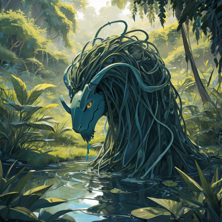 semi realistic anime creature covered in vegetation looking sodden strands so you can hardly see its head or body, looks a bit like a grassy ghillie suit, looks like tangela pokemon, you can only just make out its eyes, has spindly tentacles which are only just visible, it is in a barren marshland with no vegetation of any height and murky pools of water, it is misty