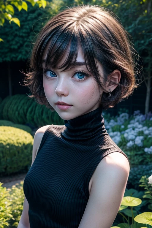 1girl,  built, short hair, brown hair, blue eyes, wearing a black turtleneck sleeveless dress, in the garden, bashful, 