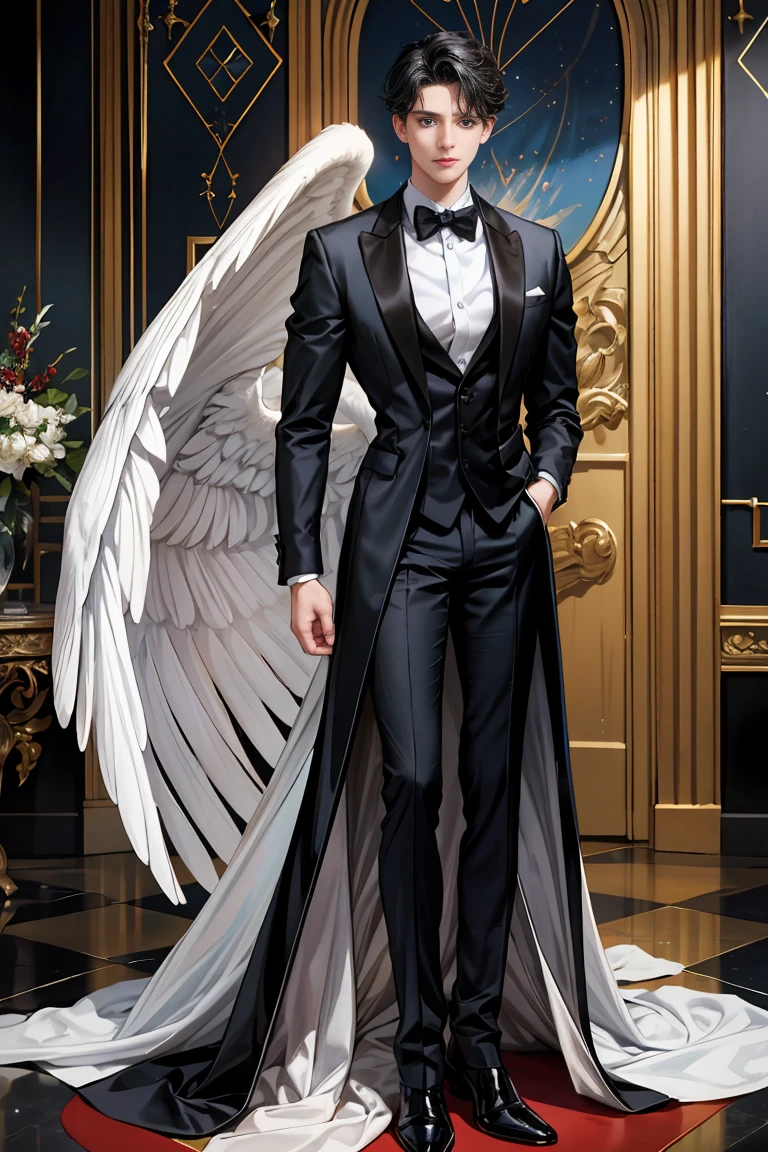 "(best quality, high quality, masterpiece:1.2), single boy, alone, male focus, gazes at the viewer, messy black hair, strikingly beautiful blue eyes, Caucasian, noble, beautiful angel, large wings, extremely large tuxedo with a very tall standing collar that reaches the floor, made of a long, abundant fabric in red and black, , cute and beautiful boy"