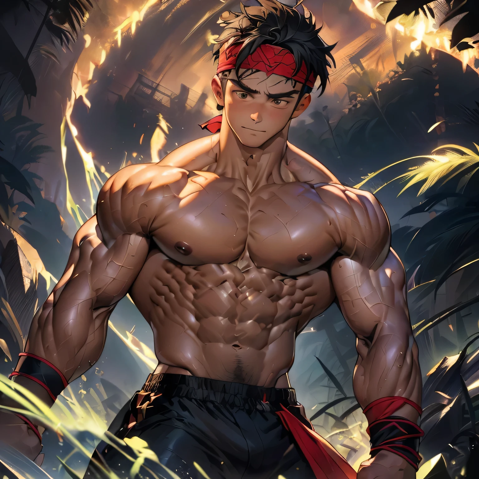 (Masterpiece, Best quality 19 year old boy, black background), solo, Young, boy, muscler, Shirtless, topless, (Dark Short straight hair, under cut, brown eyes), (torn clothes, red headband, ((black wristband))), Vivid colors, (hot Abs:1.2, abs!, big abs, big breast:1.2, chest!, muscler upper arms), (topless male), muscler!, muscler body, Man with martial arts stance, (aura power:1.4), detailed face, detailed muscle, (((A magical mystical aura, random fighting pose, powerful, action, rippling muscles, fighting, concentrate, Fotografia de combate)))