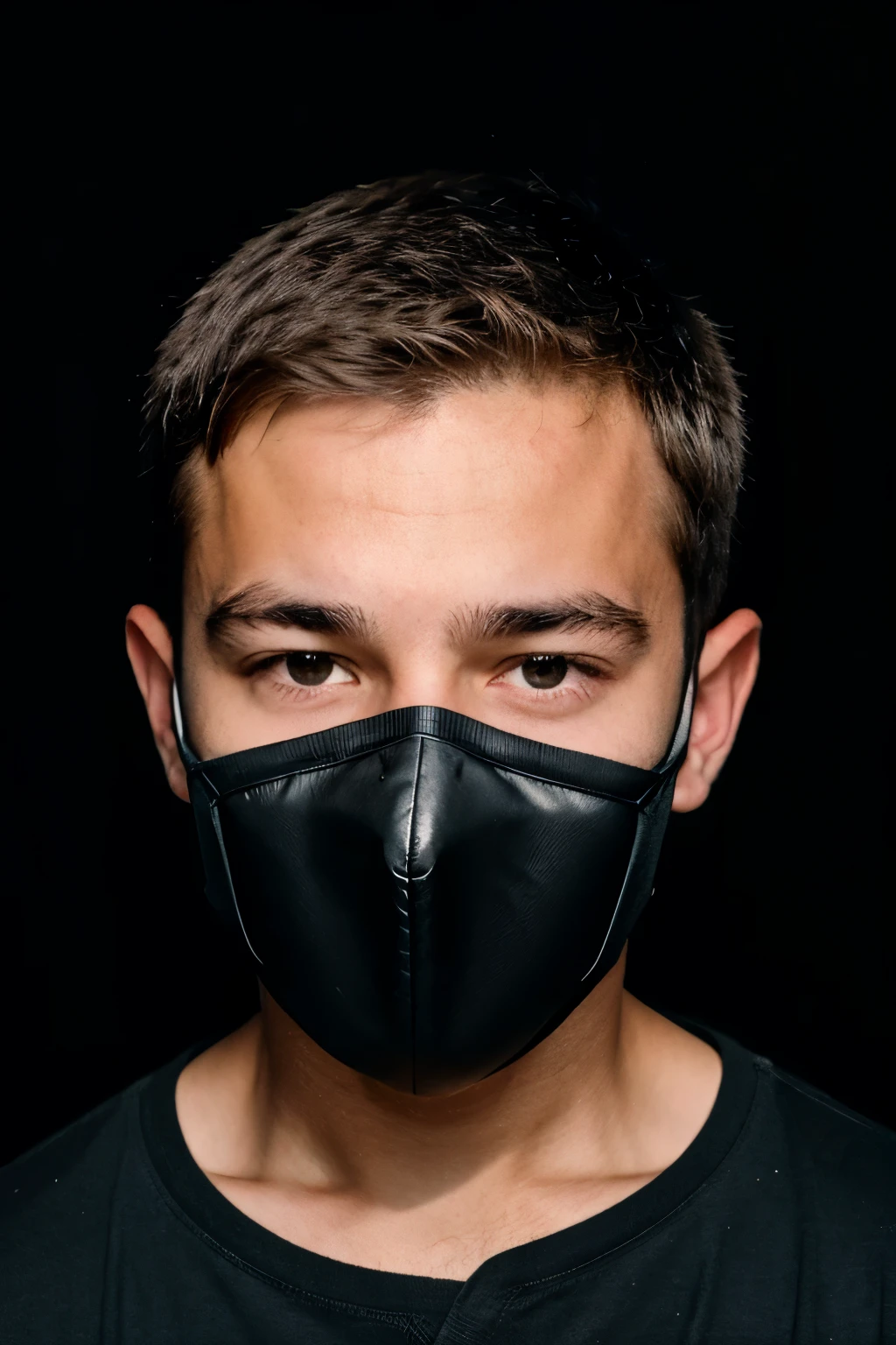 
boy, with a thoughtful face, wearing a black superhero mask, covering only his eyes and a black glove, realist portrait style with realistic realism