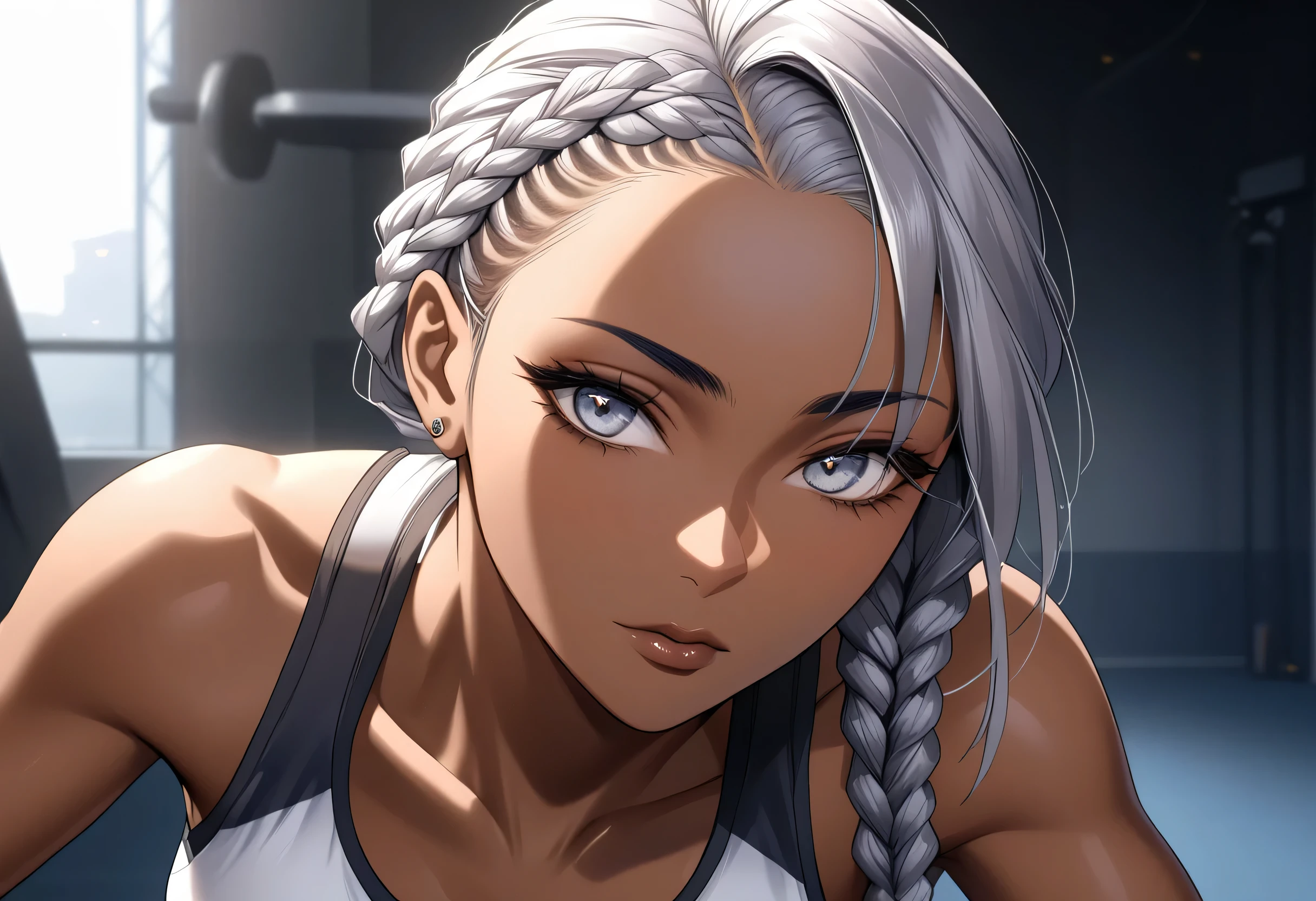 A woman with dark skin is the main subject of this artwork. She has a toned body with visible abs. Her hair is styled in cornrows with an asymmetrical design, and she also has grey hair. She is depicted in a solo pose, wearing a tank top and gym shorts. Her face is highly detailed, showcasing exquisite features such as beautiful eyes, nose, and lips. The artwork is of the highest quality, with a resolution of 4K or even 16K. It is created in an official art style, maintaining a professional and polished look. The woman has a serious expression on her face, and she is looking directly at the viewer, establishing a strong connection.