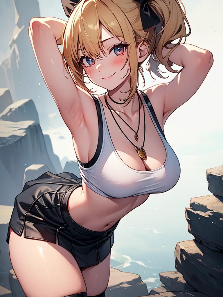  (highest quality, High resolution, perfect pixel, Depth of bounds written, 4K), detailed eyes, (1 girl), perfect body, medium breasts, blond hair, (side ponytail), white t-shirt, (v-neck), (black suspender skirt), necklace, (kneehighs), (standing), leaning forward, (arms behind head:1.2), (looking up), blush, seductive smile, 