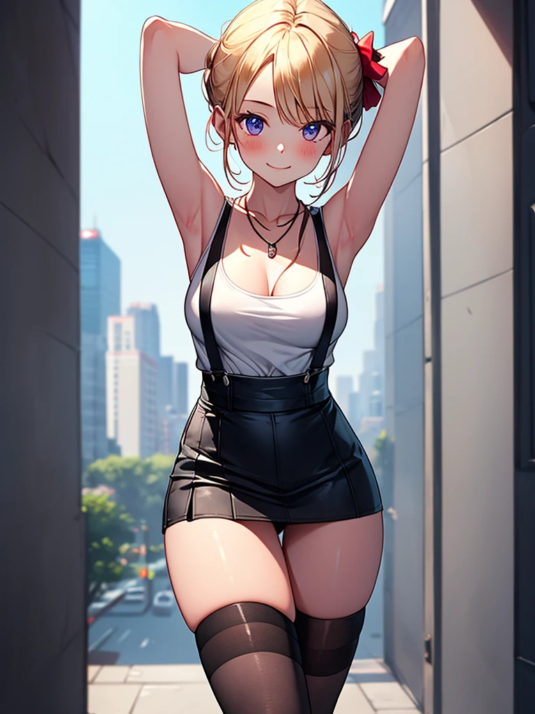 (highest quality, High resolution, perfect pixel, Depth of bounds written, 4K), detailed eyes, (1 girl), perfect body, medium breasts, blond hair, (side ponytail), white t-shirt, (v-neck), (black suspender skirt), necklace, (kneehighs), (standing), leaning forward, (arms behind head:1.2), (looking up), blush, seductive smile,