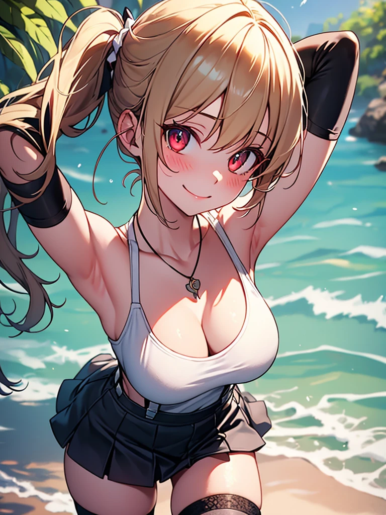  (highest quality, High resolution, perfect pixel, Depth of bounds written, 4K), detailed eyes, (1 girl), perfect body, medium breasts, blond hair, (side ponytail), white t-shirt, (v-neck), (black suspender skirt), necklace, (kneehighs), (standing), leaning forward, (arms behind head:1.2), (looking up), blush, seductive smile, 