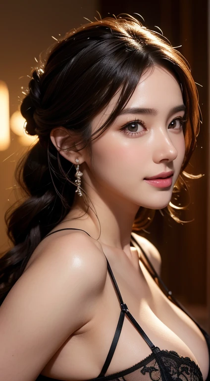 ((A beautiful woman in a black lingerie)),Body Portrait、8K,Eyes in Beautiful Details,dingdall effect、masterpiece, top-quality, hightquality, hight resolution、hyperdetailed photo、(natural skin textures、Detailed skin、Hyper-Realism、ultra sharpness)、high-detail skin、(ighly detailed、detailed skin textures、intricate detailes、beautiful expression、(Lifelike face)、realisticeyes、beatiful detailed eyes、real looking skin、Beautiful skins、A hyper-realistic、ighly detailed、the golden ratio、With smiling eyeoonlight background at night))、Body Portrait、(Curly hair in braids、Bun1),big breasts, cleavage close up, breast close up, off shouder