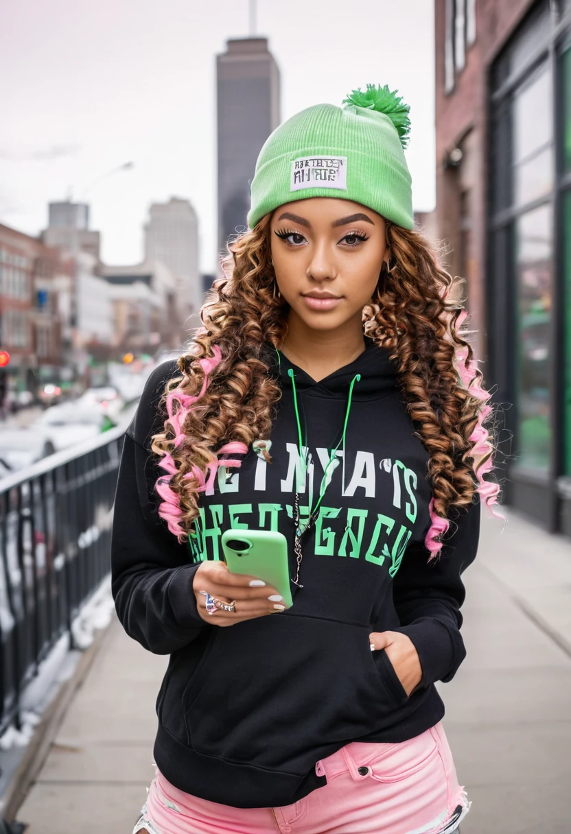 slightly tall young woman, light brown skin, light green eyes. Long brown curly hair with pigtails. Black Graphic Hoodie, Pink Beanie, necklace, nose piercing, transparent lipgloss, slim built, very beautiful, late adolescent, 19 years old, full body photo, long legs, modern city setting, cold weather, texting on phone, looking down at phone.