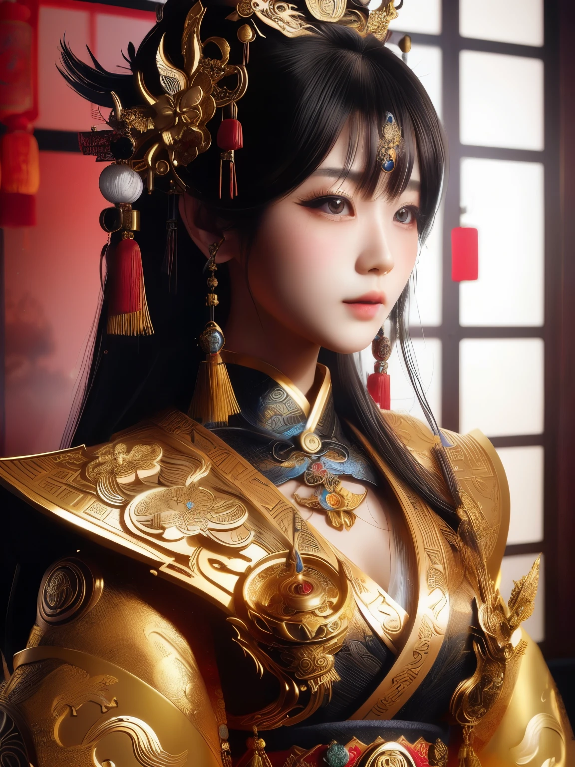 Stunning Japanese girl in a modern fantasy outfit, hyper-realistic character portrait, beautiful blend of traditional Chinese and futuristic themes, intricate patterns, detailed accessories, soft lighting, natural shadows, Canon EOS-1D X Mark III, 50mm, f/1.2, 8k, portrait mode, warm color scheme