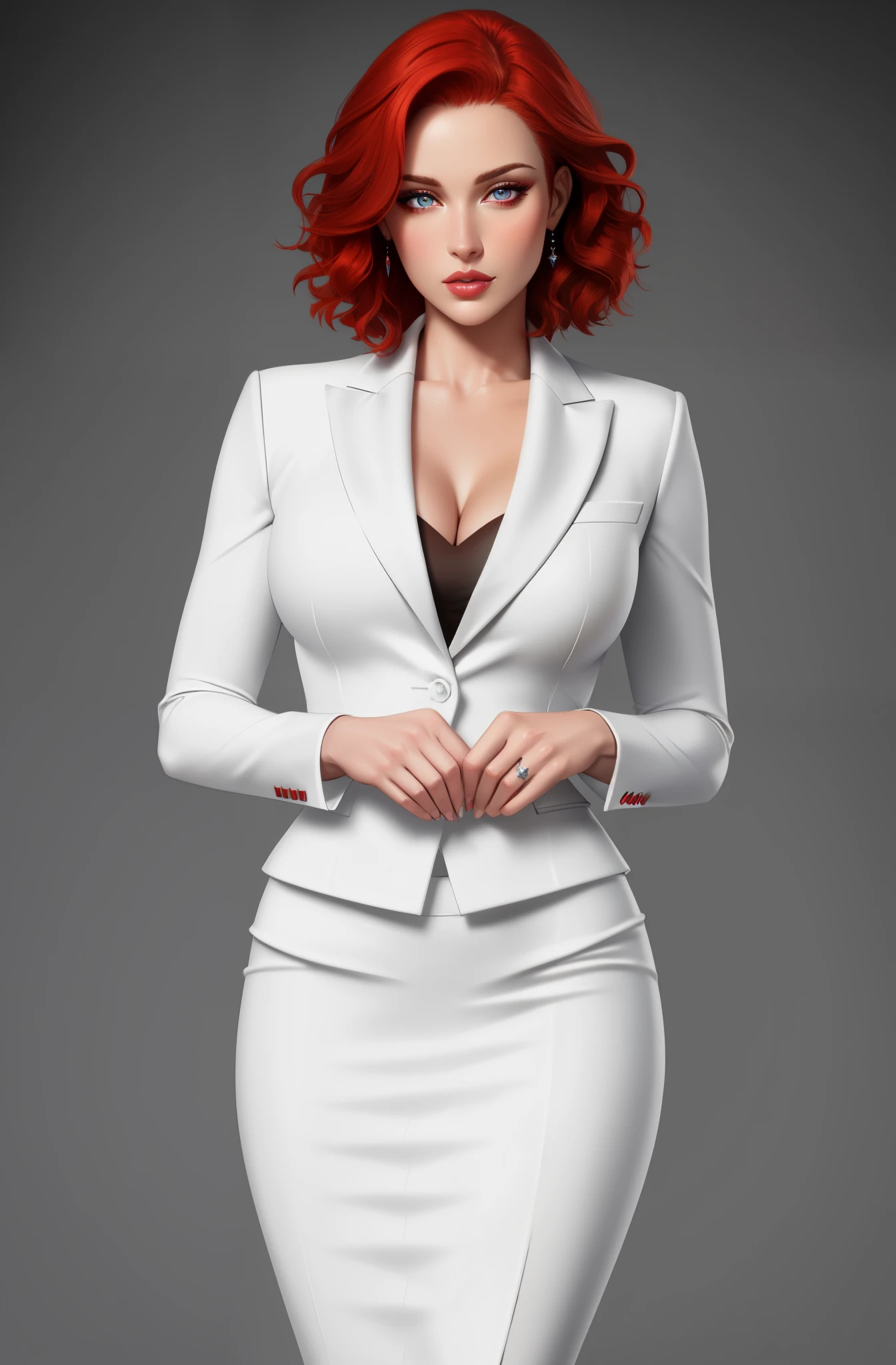 high quality,resolution:8k,realistic,Carolyn Dunn,red hair,bobcut,beautiful detailed eyes,beautiful detailed lips,white suit,pencil skirt,high heels,vivid colors,portraits,studio lighting