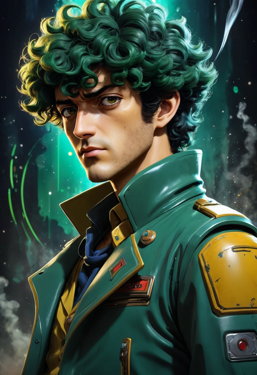 Unique setting 《Intergalactic cowboy》Combination of science fiction and western elements,Create a unique cosmic background,Intricate details, Unreal Engine, fantasy, Intricate details
融合了未来科技和西部牛仔的风格,Gives a sense of novelty and adventure。
Highly detailed unique character bounty hunter Spike Spiegel (close up)tall and slim,Handsome smoking masterpiece movie stills with dark green hair and brown eyes, Digital oil painting paint dripping art station concept art high-definition high-quality art work
