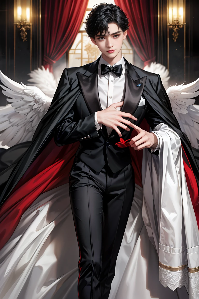 masterpiece, 最high quality, high quality, 1 boy, alone, Male focus, Watching the audience, Messy black hair, blue adorable big eyes, White, Noble, Noble, beautiful angel、Big Feather、He was wearing a tuxedo with a really big stand-up collar and a really big, really long red and black cape made of a lot of fabric that reached down to the floor longer than his height., ,cute beautiful boy,cute cute handsome boy