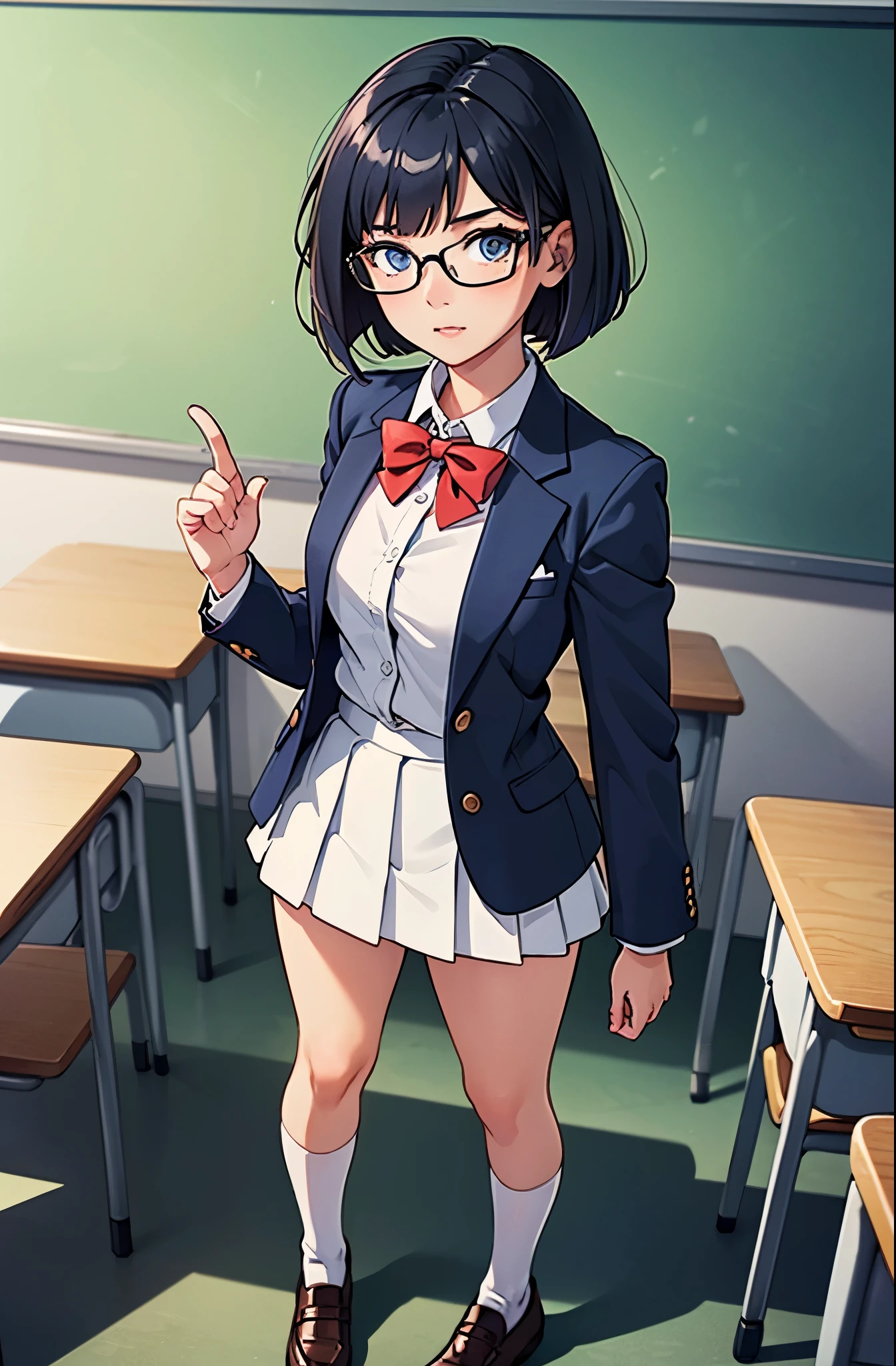 masterpiece, best quality, 1girl, solo, solo focus, brown shoes, matching shoes, white socks, matching socks, (blazer, blue blazer, white shirt), (red bow, bowtie), (white skirt, pleated skirt, miniskirt), glasses (high school girl), standing, standing straight, school backdrop, dark blue hair, ((short hair, bob hair)), blue eyes, beautiful detailed eyes, beautiful detailed face, cute face, perfect hands, complete fingers, perfect anatomy, perfect proportions, relaxed, full body, cowboy shot, classroom