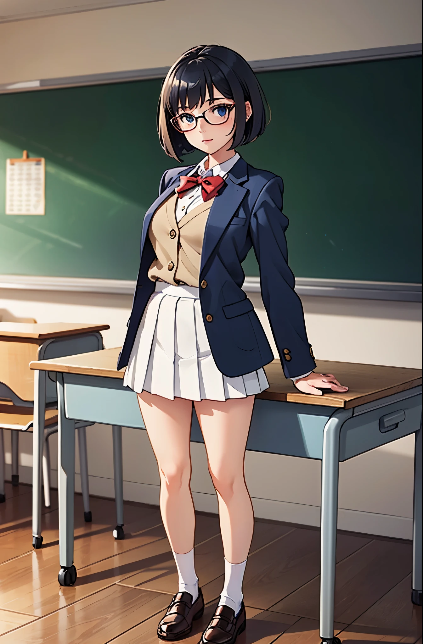 masterpiece, best quality, 1girl, solo, solo focus, brown shoes, matching shoes, white socks, matching socks, (blazer, blue blazer, white shirt), (red bow, bowtie), (white skirt, pleated skirt, miniskirt), glasses (high school girl), standing, standing straight, school backdrop, dark blue hair, ((short hair, bob hair)), blue eyes, beautiful detailed eyes, beautiful detailed face, cute face, perfect hands, complete fingers, perfect anatomy, perfect proportions, relaxed, full body, cowboy shot, classroom