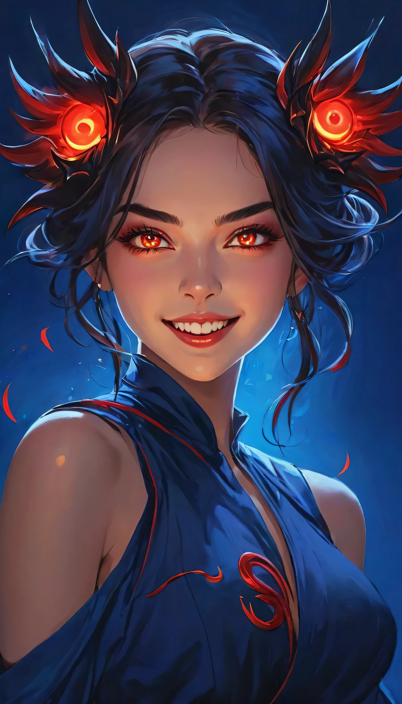 Beautiful assassin、 1 Girl、The moment you're about to kill your target.、Wide open eyes、Glowing Claws、Red glowing eyes、Esbian all over、On a dark blue gradient background、grinning expression、The best artistic paintingasterpiece、Ultra high definition、