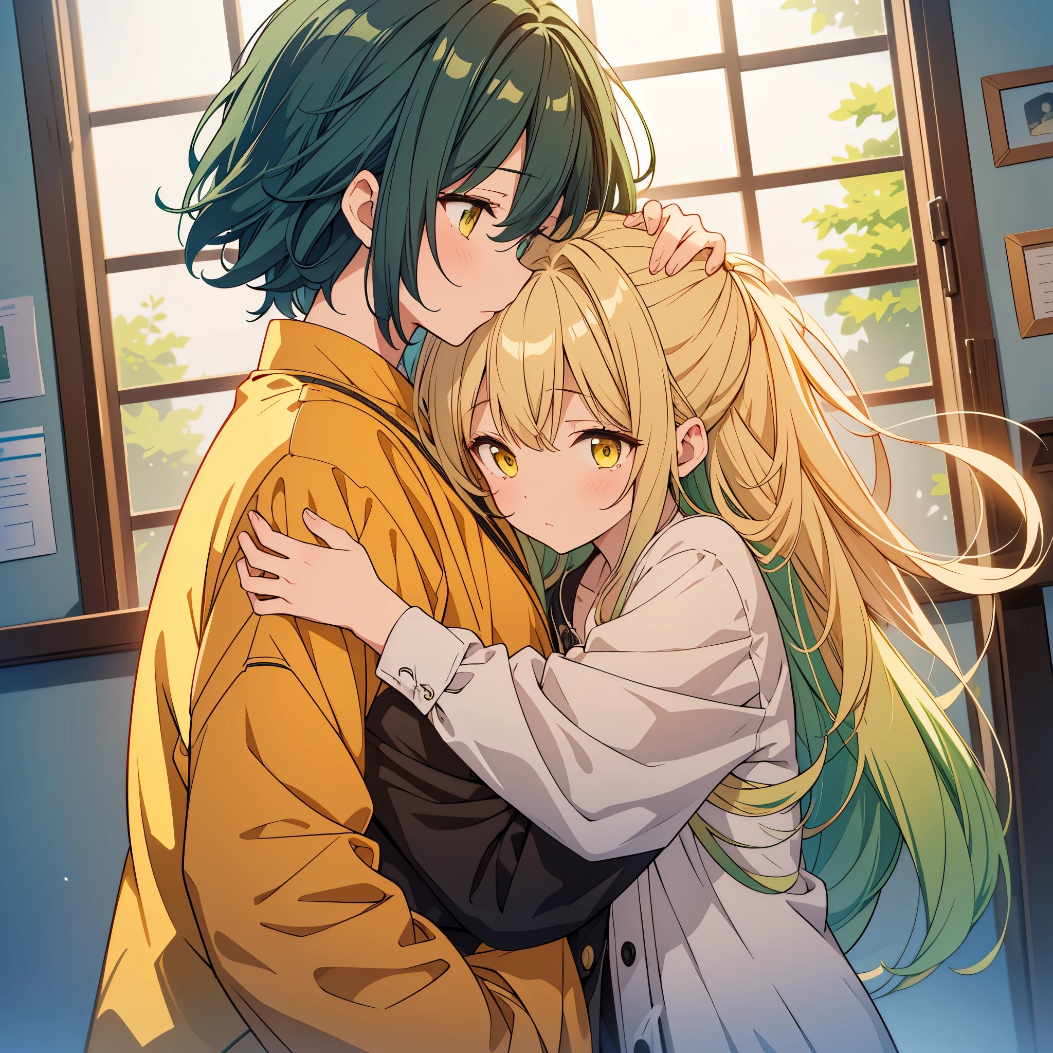 two people, Young woman, Blonde hair, yellow eyes, hairstyle bump, crying, straight jacket. boy, doctor's gown, black and green hair, Brown eyes, hugging