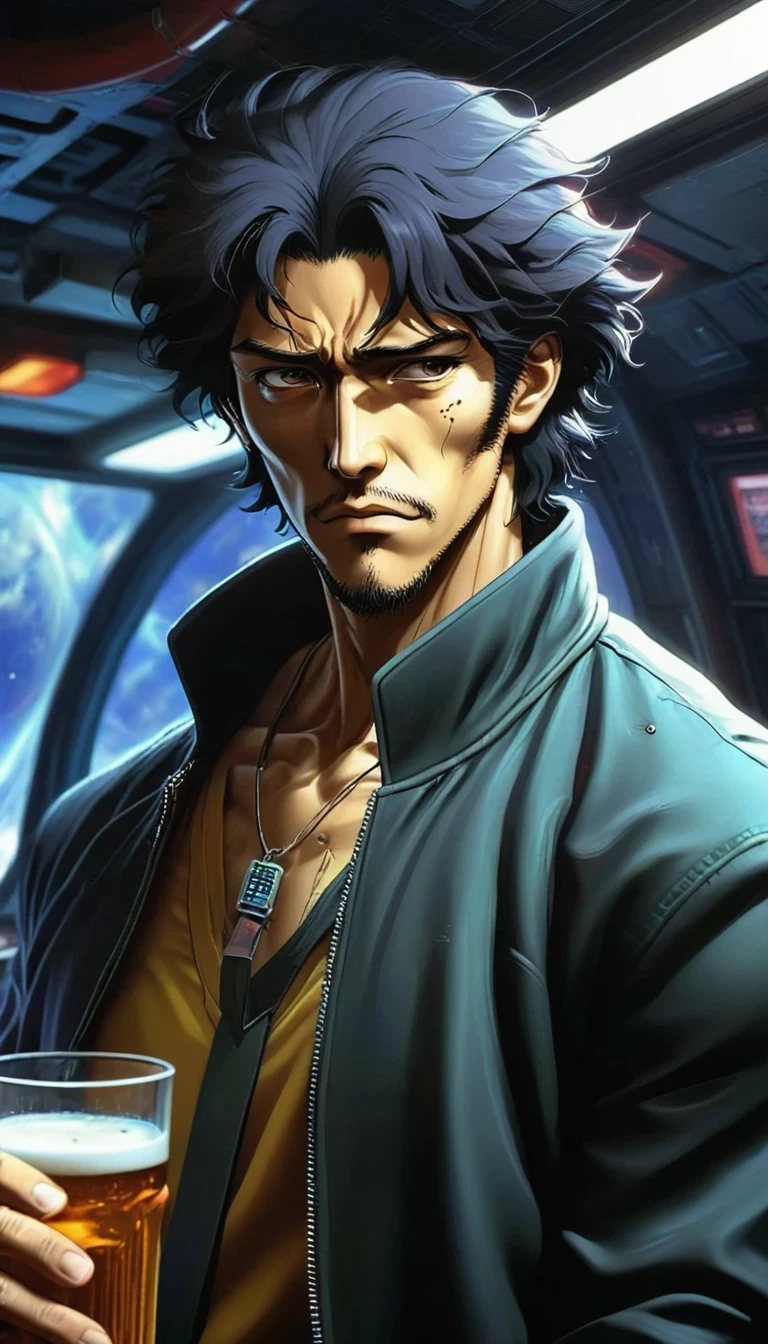 Cowboy Bebop Spike,Looks like Chinese actor Hu Ge,His appearance is rough,Deep eyes,There is always a look of indifference on his face.,But in fact, my heart is full of complicated emotions。He is tall,Well defined muscles,Wearing a shabby black coat,Gives a feeling of both desolation and tenacity。The scenes of Cowboy Bebop range from bustling cities to desolate planets,From the interior of a high-tech spaceship to a pub full of unique atmosphere,Every scene is full of details and surprises。For example,Inside the spaceship,You can see various complex instruments and consoles,Showing that this is a high-tech environment。In the pub,You can see various characters talking to each other.、drinking alcohol、gamble,Create an environment full of life。