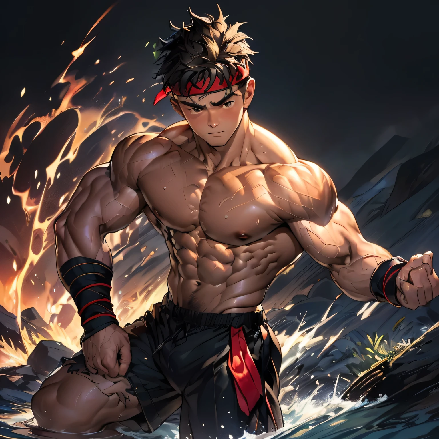(Masterpiece, Best quality 19 year old boy, black background), solo, Young, boy, muscler, Shirtless, topless, (Dark Short straight hair, under cut, brown eyes), (torn clothes, red headband, ((black wristband))), Vivid colors, (hot Abs:1.2, abs!, big abs, big breast:1.2, chest!, muscler upper arms), (topless male), muscler!, muscler body, Man with martial arts stance, (aura power:1.4), detailed face, detailed muscle, (((A magical mystical aura, random fighting pose, powerful, action, rippling muscles, fighting, concentrate, Fotografia de combate)))