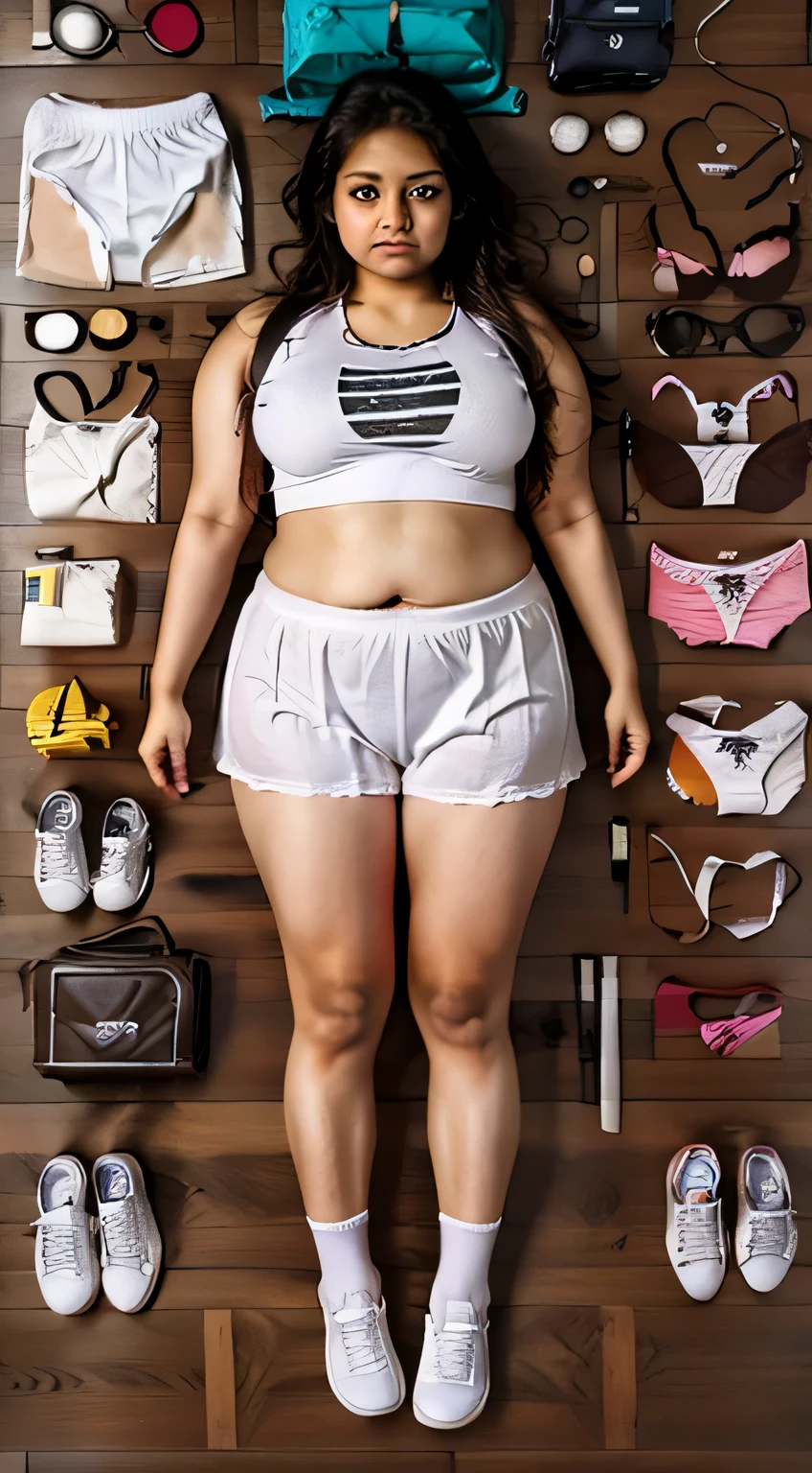 a beautiful chubby Indian girl Riddhi Patel, (State prisoner) on a desert plaines), ((emphasis on chubby):1.5), looking at viewer, state issued Brown prison jumpsuit, white wife beat a t-shirt, , white school girl panties, couter, box of condoms, box of tampons, a can of monster energy drink, cookies, a pack of fruit of the loom panties, assorted sex toys, State issue prison sneakershoes, white cotton knee socks, lace brassiere, Apple cell phone, Hello Kitty knapsack, school books , fashion purse)
