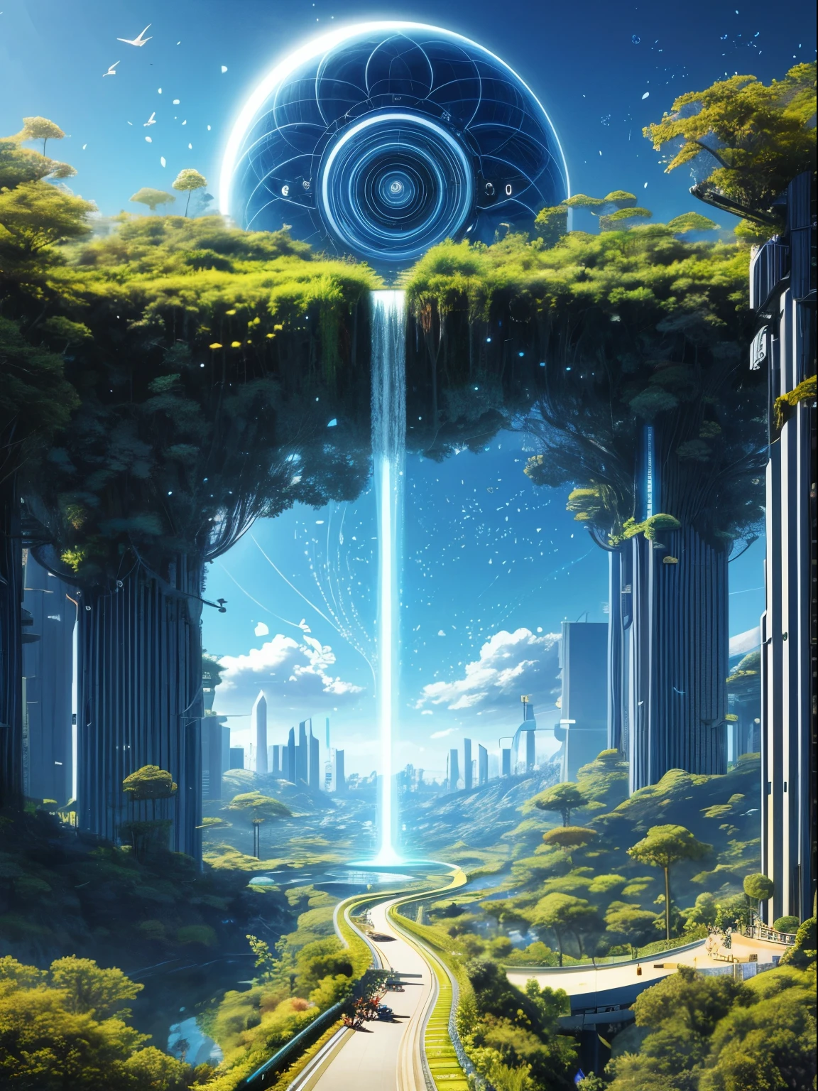 artistic and creative utopian world where humans living in harmony and peace with flora and fauna, Artificial Intelligence and the Singularity Imagination, Intricate and detailed, maximalist, Perfect flow of energy, Futuristic, utopian, Very detailed, futurepunk, amazing depth, プロンプトエンジニアリング責任者によるVery detailed傑作
