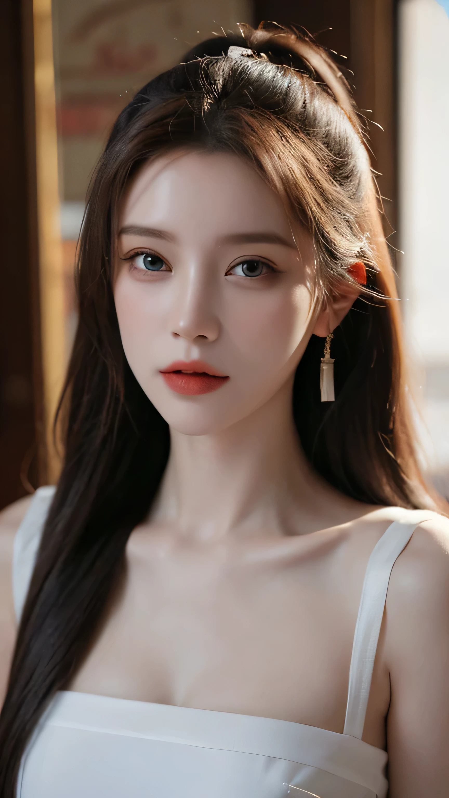 Long-haired Arafad woman wearing Organza Sleeveless Blouse Dress, Realistic digital art 4k, Realistic digital art 4k, Soft portrait shots in 8K, photorealism art style, photorealistic beautiful face, cinematic realistic portraits, Beautiful digital artwork, realistic beautiful face, realism art style, 3D rendering character art 8k, beautiful realistic face, Stunningly realistic graphics