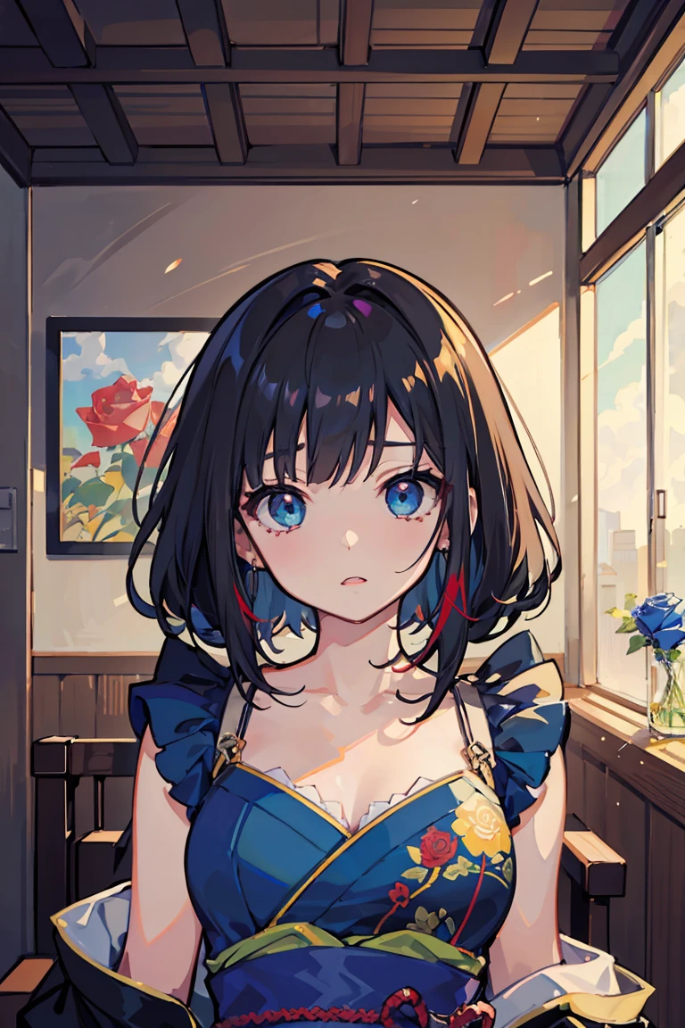 Make a woman age 18 years old. a chibi style, full body, head to toe model. have black hair. also have a bangs with blue color of the bangs. make it look like yanagi_risa03 style drawing. like viper in valorant. add a color palette.