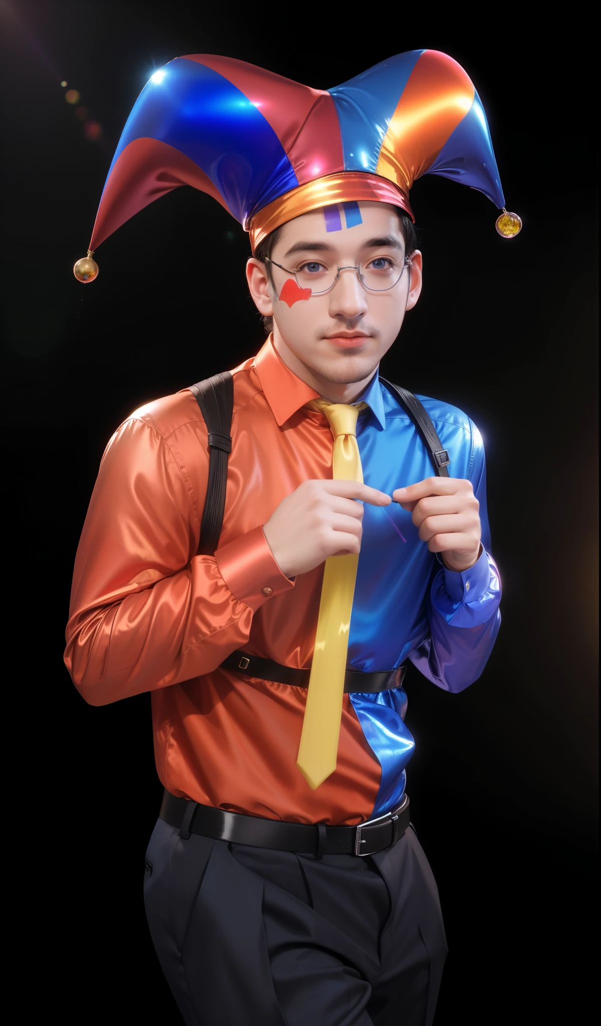 man in a jester hat and suspenders poses for a picture, man in a jester costume, portrait of circus artist, male jester, attractive magician man, capitalist clown, colored photo, communist clown portrait, glossy texture, smooth 3d model, multiple light sources, rim light, sharp post effects render, (glossy plastic texture with multiple big light probe refractions), perfect cgi, smooth silhouette, high intensity refraction, (super glossy material), most beautiful vfx, blue background, plastic refractions, realistic, 4k, high resolution, rim light, photo shoot, commercial photo, profile shot, 4k, rim light, high resolution, 4k, glossy texture, smooth 3d model, multiple light sources, rim light, sharp post effects render, (glossy metallic texture with multiple big light probe refractions), perfect cgi, cgi art created only with gradients, smooth silhouette, high intensity refraction, (super glossy chrome material), most beautiful vfx, blue background, chrome metal refractions, multiple light sources, rim light, sharp post effects render, perfect cgi, digital art, detailed digital art, reflective, best quality, 4k, masterpiece:1.2, ultra-detailed, realistic, vivid colors, dark and moody lighting, The image of the highest quality, ensuring every detail showcased perfectly. It in 4k resolution, allowing viewers to immerse themselves in the richness of the colors and intricate details. The realistic rendering. under the spotlight, reflecting, high-resolution image, realistic rendering, dark background, and rim light photorealistic