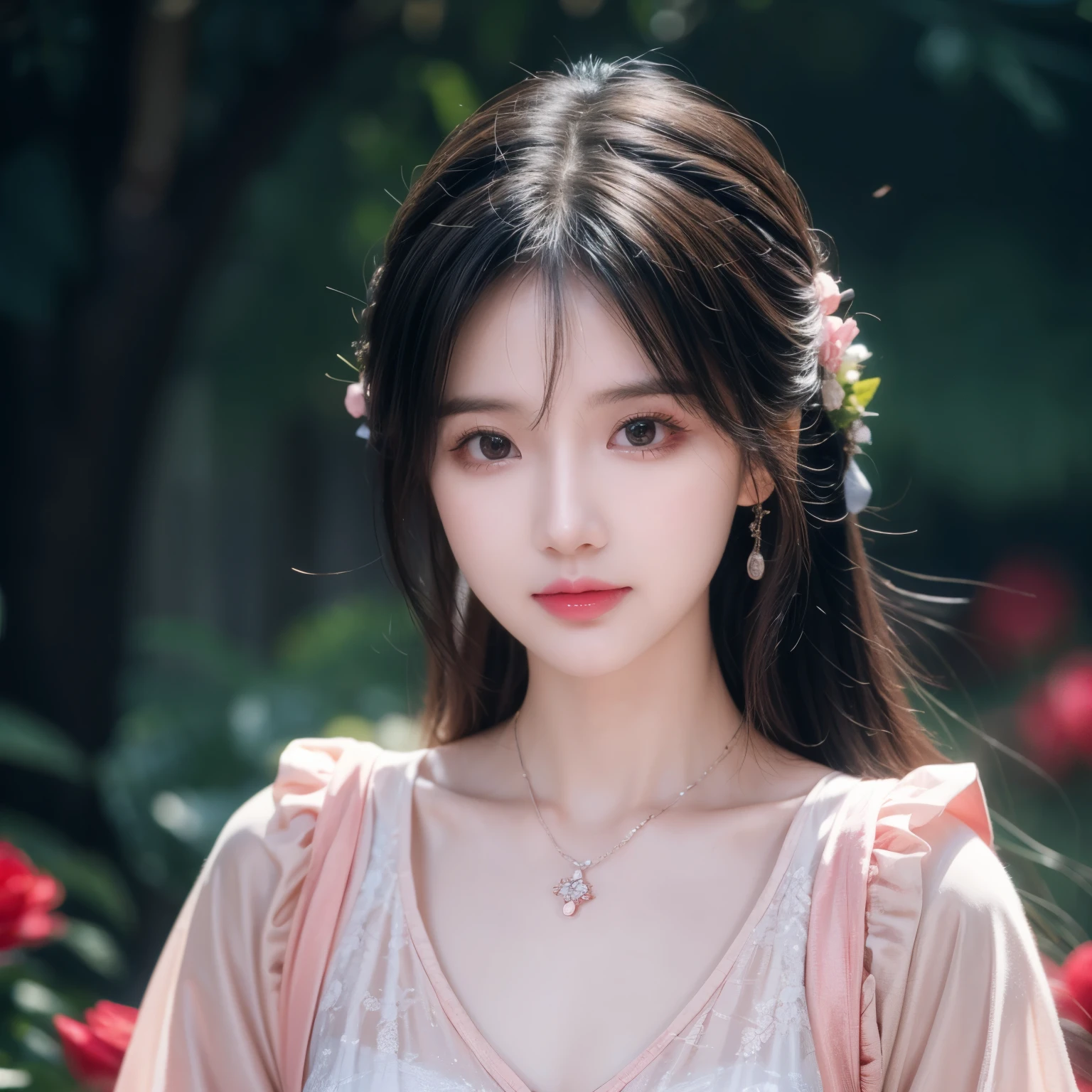 best quality, masterpiece, high resolution, Wuxia 1girl,blush,(seductive smile:0.8),star shaped pupils,china hanfu,hair accessories,necklace, jewelry,pretty face,above_Body, Tyndall effect,lifelike, dark studio, edge lighting, two color lights,(High detail skin:1.2), 8K Ultra HD, SLR camera, soft light, high quality, Volumetric lighting, frank, photo, high resolution, 4K, 8k, Bokeh,surrounded by flowing roses
