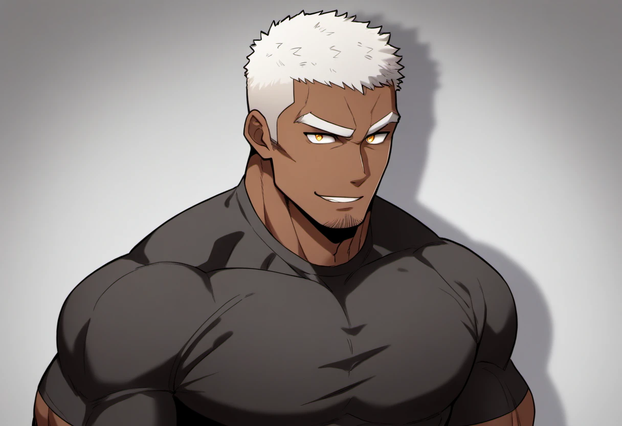 anime characters:Black man, Fitness coach, Dark black skin tone, His skin is pitch black., 1 muscular tough guy, Manliness, male focus, Cream Lycra T-shirt, Very tight, The pectoral muscles are oversized, Slightly transparent, muscular male, muscular, only, Upper body, alone, White short hair, Thick eyebrows, stubble, Yellow eyes, Grey background, simple background, amazing quality, best aesthetics, Ridiculous, bright pupils, crew cut, parted lips, seductive smile, torogao, naughty face, drop shadow, best quality
