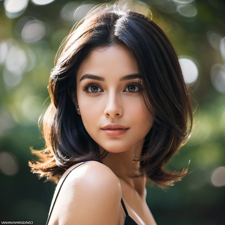 Mulher bonita de 30 anos com cabelo preto, corpo perfeito, rosto perfeito, muito linda, olhos encantadores e roupas modernas.