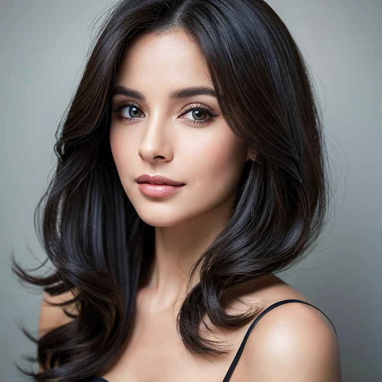 Mulher bonita de 30 anos com cabelo preto, corpo perfeito, rosto perfeito, muito linda, olhos encantadores e roupas modernas.