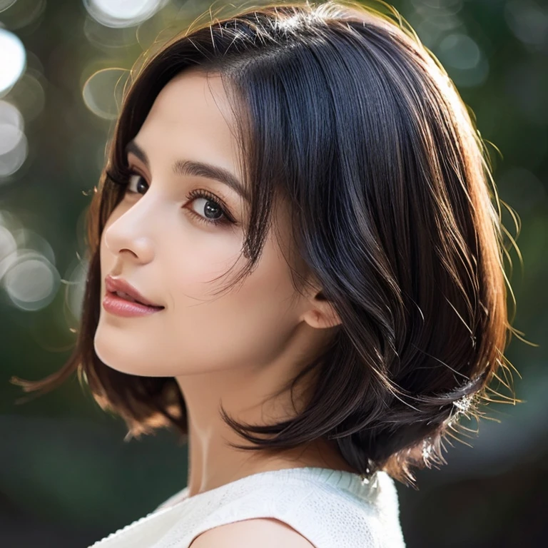 Mulher bonita de 30 anos com cabelo preto, corpo perfeito, rosto perfeito, muito linda, olhos encantadores e roupas modernas.