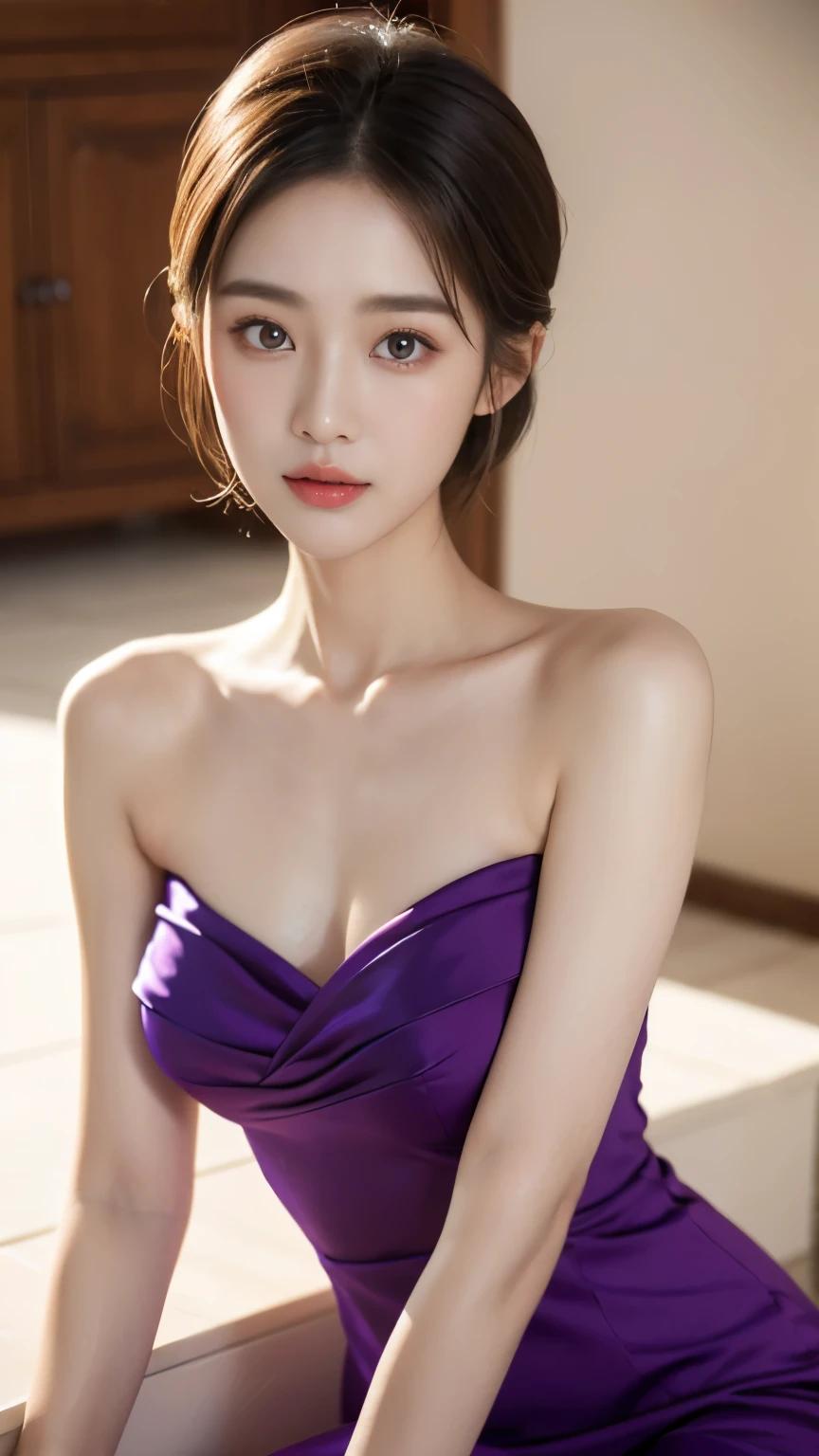 araffe woman in a Purple dress sitting on a counter, Gorgeous young Korean woman, Purple dress, Purple top, Korean female fashion models, Dilraba Dilmurat, Clara，Beautiful lady, 年轻pretty的韩国女人, Beautiful Korean woman, Wearing a purple tube top dress, Beautiful Chinese model, Cui Xianhua, Huang Shishi, Lee Ji-eun，{Perfect proportion}，{Perfect facial features}，{{Angelic face}}，{{{Star temperament}}}，Beautiful big eyes，eyes，Beautiful facial features，Photorealism, real, elegant dress，High society woman，Detailed depiction，pretty，high quality，exquisite，colorful，Crystal clear，Super refined，Exquisite makeup，Blonde short hair，panoramic，Gentle，bright，Lively，