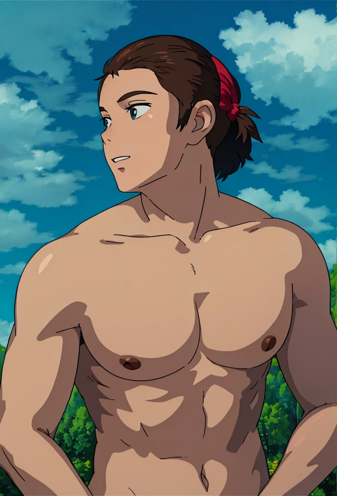 Bathing in the river, thin, muscular, handsome,